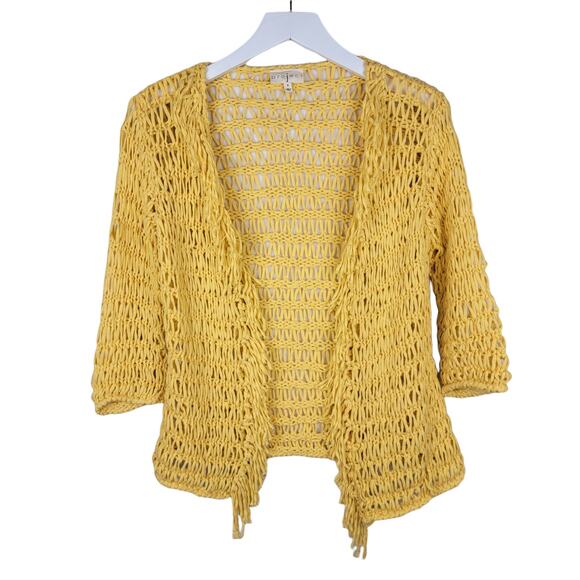 Project Hand Knit Yellow Crochet Fringed Open Cardigan - Size S - Picture 2 of 4